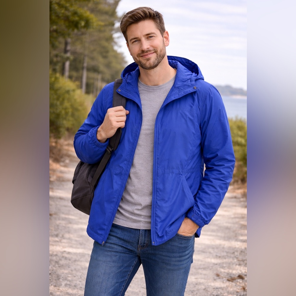 Lands‎ End Outfitters Mens M Blue Hooded Rain Jacket Windbreaker Nylon Lined